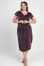 Women's Front Back V Neck Waist Stone Detail Lined Glittery Sandy Fabric Plus Size Midi Dress