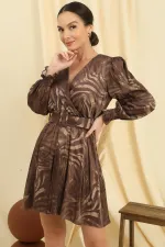 Double-breasted Collar Waist Belted Lined Patterned Satin Dress