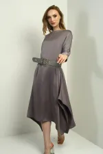 Kadın Çeyrek Kollu Beli Kemerli Asimetrik Krep Saten Midi Elbise