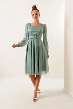 Square Neck, Belted, Balloon Sleeve, Lined, Glittery Dress