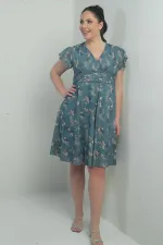 Robe en lin imprimé grande taille, doublée, col croisé, manches volantées