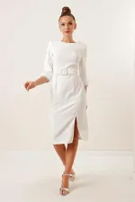 Belted Dress with Embellished Feather and Rhinestone Details on Sleeves