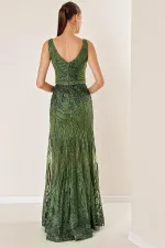 Thick Strapped Ghost Tulle Lined Glittery Long Dress