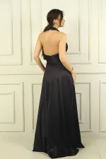 Kadın V Yaka Sırt Dekolteli Üstü Piliseli Örme Saten Uzun Elbise