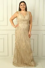 Kadın Omzu Püsküllü Astarlı Boncuk Ve Taşlı Büyük Beden Uzun Elbise