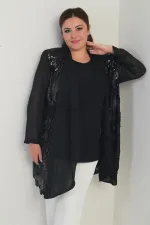 Ensemble 2 pièces pour femme, blouse en lycra à col rond et veste en mousseline à sequins, grandes tailles