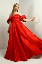 Women's Low Balloon Sleeves Lined Satin Flared Pocket Long Dress