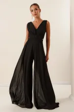 Waist-detailed, front and back V-neck, lined chiffon jumpsuit.