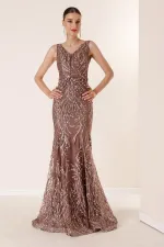 V Yaka Astarlı Simli Flok Baskı Uzun Elbise