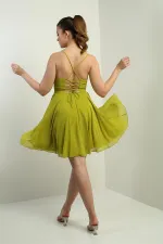 Women's Strappy, Back-Tie, Front-Opening, Lined Chiffon Short Flared Dress