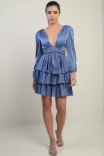 Kadın Ön Arka V Yaka Bel Dekolteli Astarlı Kat Kat Saten Kısa Elbise