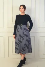 Kadın Beli Kemerli Eteği Şal Desenli Astarlı Elbise