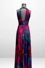 Robe longue en mousseline pour femme, drapée sur le devant, doublée, ornée de perles et de broderies florales.