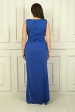 Kadın V Yaka Beli Tokalı Drapeli Astarlı Önü Yırtmaçlı Likralı Sandy Büyük Beden Uzun Elbise