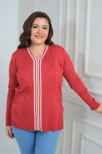 Chemisier grande taille en maille côtelée rayée à col en V pour femme