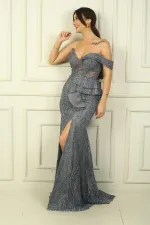 Kadın Düşük Tek Omuzlu Volanlı Astarlı Simli-Taşlı Uzun Abiye Elbise