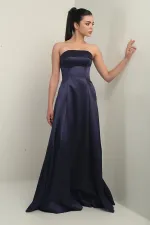 Women's Strapless Lined Long Satin Evening Dress with Pockets