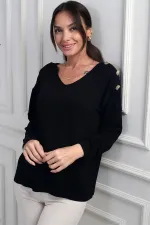 Blouse en lycra à col en V et boutons sur les épaules pour femme, couleur fraise.