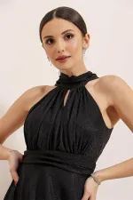 Boyundan Bağlamalı Astarlı Simli Uzun Elbise