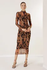 Leopar Desenli Önü Büzgülü Astarlı Tül Elbise