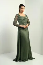 Women's Square Neck, Lined, Beaded Sleeve, Wide-Sized Crepe Satin Long Evening Dress