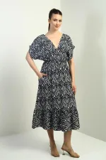 Women's Front and Back V-Neck Batwing Sleeve Pocketed Ethnic Pattern Ruffled Dress