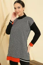 Relaxed Fit Knitted Tunic with Houndstooth Pattern and Striped Cuffs and Hem