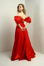 Women's Low Balloon Sleeves Lined Satin Flared Pocket Long Dress