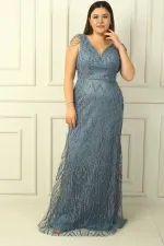 Kadın Omzu Püsküllü Astarlı Boncuk Ve Taşlı Büyük Beden Uzun Elbise