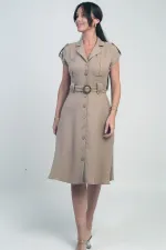 Women's Collared, Off-Shoulder, Double-Pocket, Belted Linen-Effect Dress