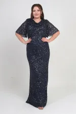 Kadın Degaje Yaka Kısa Kollu Astarlı Pullu Büyük Beden Likralı Elbise