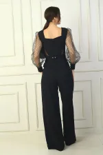 Combinaison palazzo pour femme avec décolleté en cœur, ceinture à la taille, manches en tulle et paillettes carrées