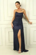 Önü Drapeli Astarlı Straplez Pulpayet Uzun Elbise