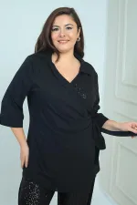 Kadın Kruvaze Polo Yaka Tek Tarafı Pulpayet Yanı Bağcıklı Krep Şifon Büyük Beden Bluz