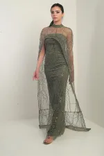 Women's Strapless Stone-Sequin Embroidered Cape-Lined Long Evening Dress