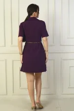 Button-front, short-sleeved, belted A-line pleated dress