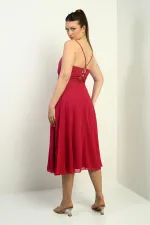 Women's Strappy Wrap Neckline Lined Lace-Up Back Flared Chiffon Dress