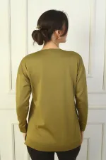 Kadın V Yaka Önü Baskılı Triko Kazak