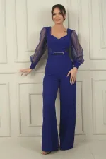 Women's Sweetheart Neckline Long Tulle Sleeved Belted Palazzo Crepe Jumpsuit