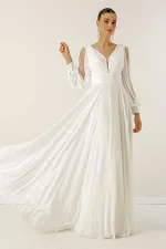 Front Back V Neck Draped Front Sleeves Tulle Lined Wide Body Long Chiffon Dress