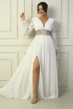 Women's Front Back V Neck Waist Embroidered Lined Long Chiffon Evening Dress