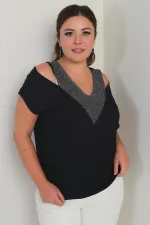 Kadın Ön Arka V Fileli Omuz Dekolteli Likralı Büyük Beden Bluz