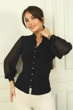 Chemise boutonnée pour femme, manches en tulle et col mandarin