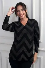 Chemisier à paillettes à col en V pour femme, à motifs zigzag, grande taille et à volants espacés