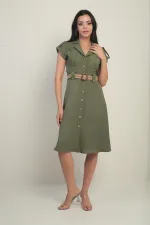 Women's Collared, Off-Shoulder, Double-Pocket, Belted Linen-Effect Dress