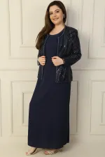 Robe longue à manches demi-lune avec veste en tulle brodée de perles et de sequins, doublée, ensemble deux pièces grande taille