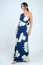 Women's One-Shoulder Side-Cut Out Large Leaf Pattern Long Crepe Satin Dress