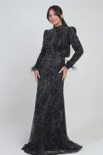 Robe longue en tulle pour femme avec doublure ornée de plumes, de perles et de sequins