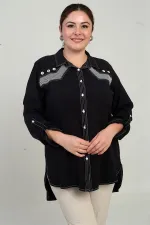 Kadın Kuş Gözlü Fileli Kol Katlamalı Büyük Beden Uzun Gömlek