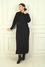 Women's Oysho Long Dress with Collar Zipper, Hood, and Patch Pockets, Relaxed Fit.